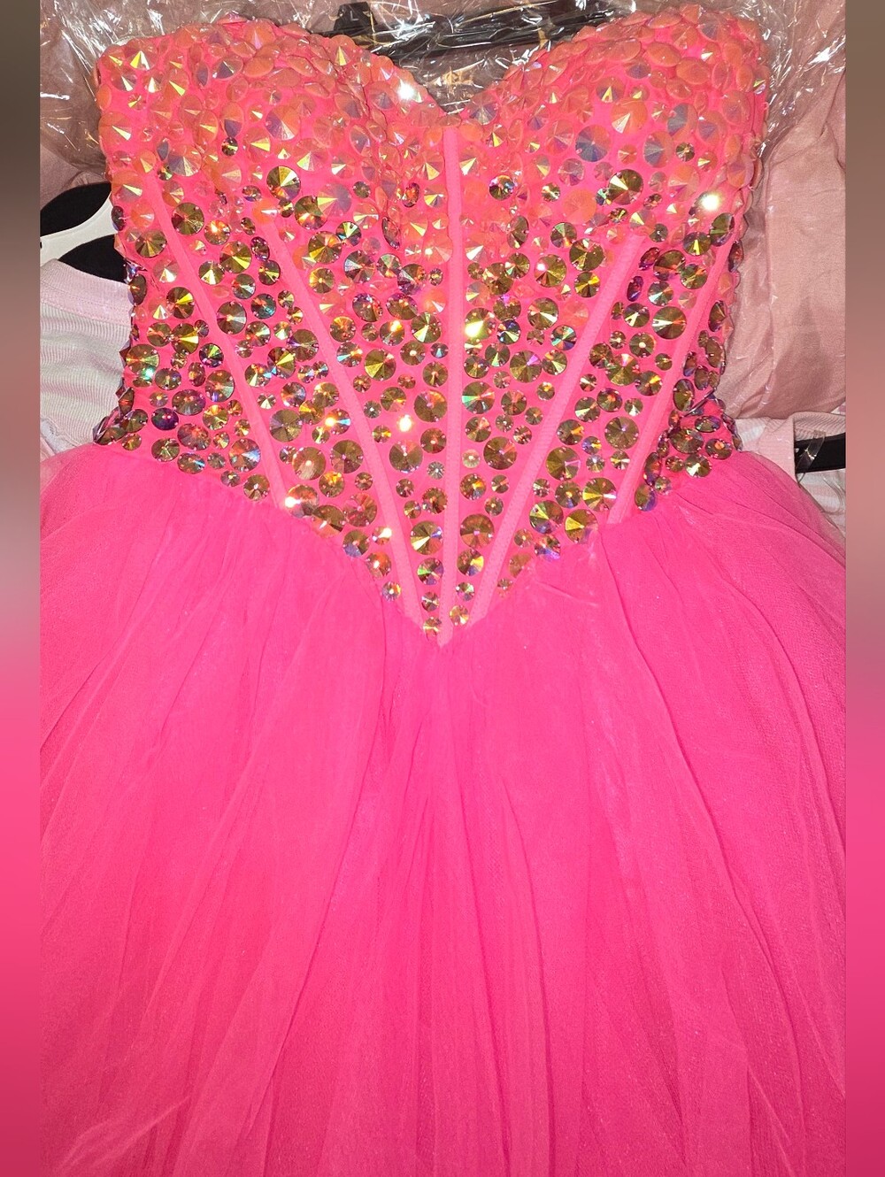 Sherri Hill Hot Pink Beaded Strapless Short Tulle Prom HOCO Dress - Picture 5 of 5